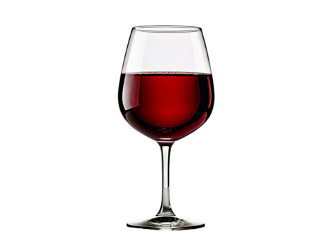 Isolated, elegant wine glass filled with rich red wine, displayed on a clean white background. The clear glass texture enhances light reflections, emphasizing purity, contrast, and visual clarity for 