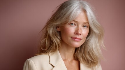 Fototapeta premium Elegant woman with natural beauty poses against a soft pink backdrop at a portrait session
