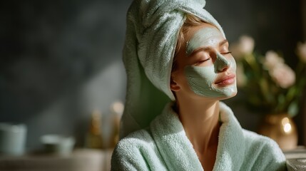 Woman enjoying a facial mask treatment in a serene home spa setting during the afternoon