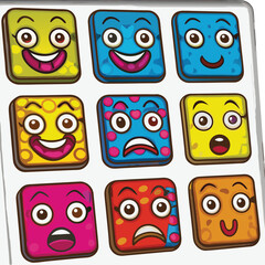 Colorful Cartoon Square Faces with Funny Expressions and Emotions