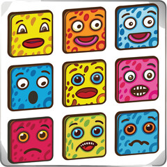 Colorful Cartoon Square Faces with Funny Expressions and Emotions