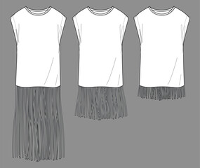 Vector round neck top fashion CAD, woman t shirt dress set technical drawing, short sleeved tee with fringe flat, template, sketch. Jersey or woven fabric mini dress with front view, white color