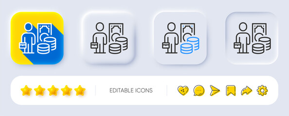 Obraz premium Money profit line icon. Neumorphic, Flat shadow, 3d buttons. Person with suitcase sign. Business skill symbol. Line money profit icon. Social media icons. Vector