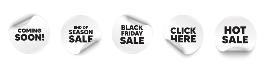 Coming soon sticker tag. Season sale, Black friday paper price banners. Coming soon tag. Promotion banner sign. New product release symbol. Click here sticker. Vector