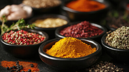 Different herbs and spices on black table, closeup