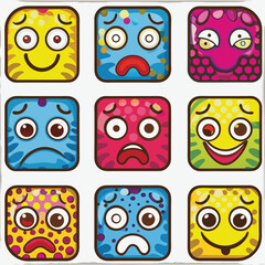 Colorful Cartoon Square Faces with Funny Expressions and Emotions