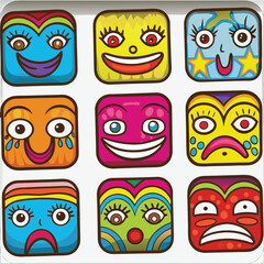 Colorful Cartoon Square Faces with Funny Expressions and Emotions