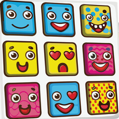 Colorful Cartoon Square Faces with Funny Expressions and Emotions