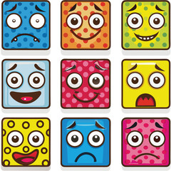 Colorful Cartoon Square Faces with Funny Expressions and Emotions