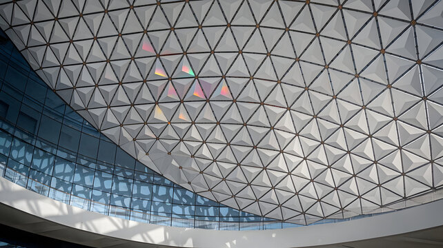 A kinetic window blind system made of rotating triangular prisms that change color and transparency based on light direction, architectural concept, white background