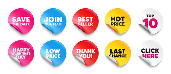 Save date sticker tag. Top 10, Best seller, Hot price banners. Save the date tag. Calendar meeting offer. Save appointment message. Join our team sticker. Vector