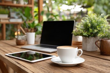 Morning coffee with laptop and tablet on a wooden desk in a bright and airy home office, creating a cozy workspace environment, with lush greenery in the background.