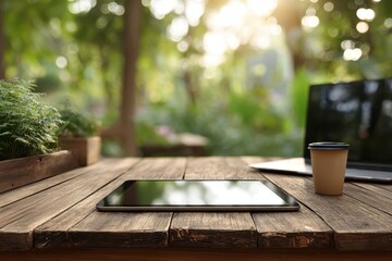 Working outdoors on a rustic wooden table with a laptop, tablet, and coffee amidst nature, creating a serene and productive workspace with a leafy bokeh background.