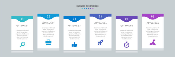 Horizontal progress bar featuring 6 arrow-shaped elements, symbolizing the six stages of business strategy and progression. Clean timeline infographic design template. Vector for presentation