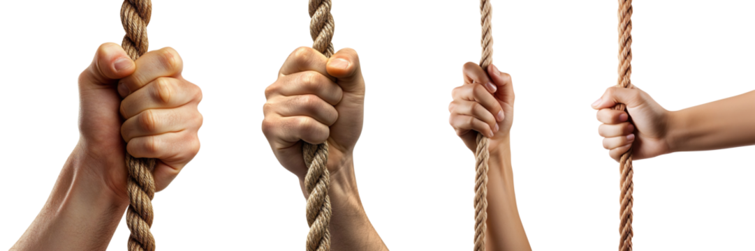 Collection of hands holding tightly to ropes, isolated on a transparent background