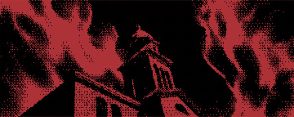 Gothic architecture illuminated by an eerie red glow in a haunting urban landscape at night