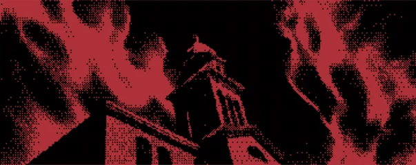 Fototapete Rund Schwarz Gothic architecture illuminated by an eerie red glow in a haunting urban landscape at night  © annetdebar