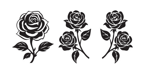 Vector set of black rose flower silhouettes, vector illustration eps 10.