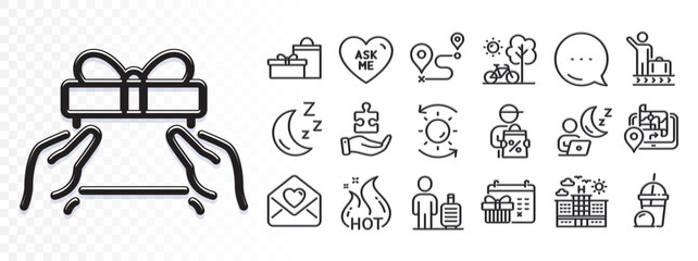 Moon, Luggage belt and Gps line icons for web app. Glare of light effect. Message icon. Pack of Ice cream milkshake, Give present, Gifts pictogram icons. Vector