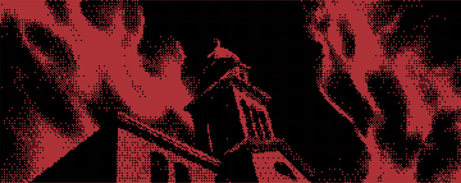 Gothic architecture illuminated by an eerie red glow in a haunting urban landscape at night