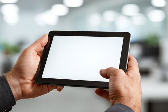 A person holding a blank white screen tablet with both hands in an office setting, displaying modern technology, ready for content, showcasing business and communication applications. - Powered by Adobe