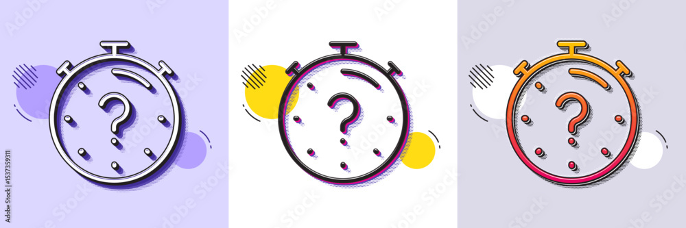 Poster quiz line icon. halftone dotted pattern. gradient icon with grain shadow. timer with question mark. 