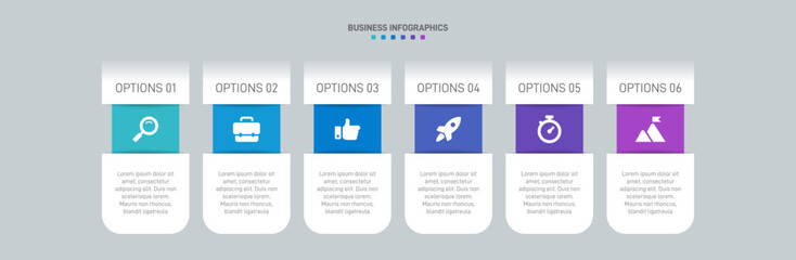 Horizontal progress bar featuring 6 arrow-shaped elements, symbolizing the six stages of business strategy and progression. Clean timeline infographic design template. Vector for presentation