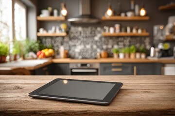 Fototapeta premium A close-up shot showcasing a tablet computer placed on a rustic wooden kitchen counter, with a blurred background of a modern kitchen interior enhancing the ambiance.