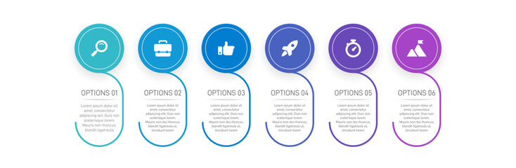Horizontal progress bar featuring 6 arrow-shaped elements, symbolizing the six stages of business strategy and progression. Clean timeline infographic design template. Vector for presentation