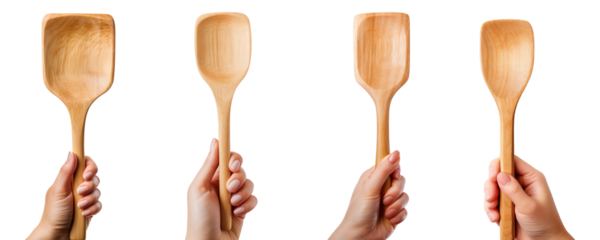 Collection of hands holding wooden spatulas for cooking, isolated on a transparent background