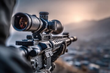 A tactical sniper rifle equipped with a high-powered scope, aimed at a distant target, with mountains and sky providing a blurred backdrop, ready for action.