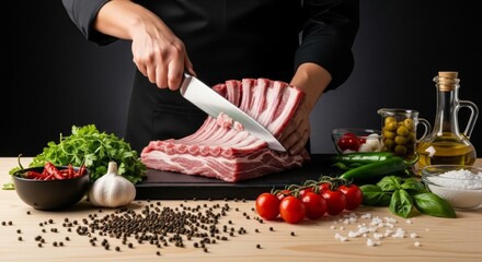 A low-angle, medium shot captures a chef or butcher expertly slicing a rack of lamb on a wooden table, surrounded by fresh ingredients like herbs, garlic, tomatoes, and spices.