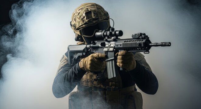 A heavily armed figure in tactical gear and helmet, holding a modern black assault rifle with a scope, emerges from smoke, conveying intense military action or security.