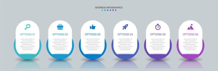 Horizontal progress bar featuring 6 arrow-shaped elements, symbolizing the six stages of business strategy and progression. Clean timeline infographic design template. Vector for presentation