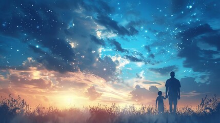 Silhouette of a Father and kid in a Sunset Capturing the Essence of Family Bonding and Love security, Travel and Family Concepts