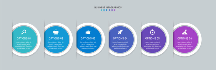 Horizontal progress bar featuring 6 arrow-shaped elements, symbolizing the six stages of business strategy and progression. Clean timeline infographic design template. Vector for presentation