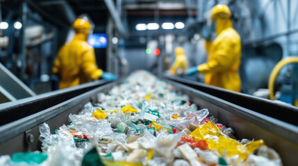 Obraz premium Plastic bottles moving along a conveyor belt inside a modern recycling facility. 