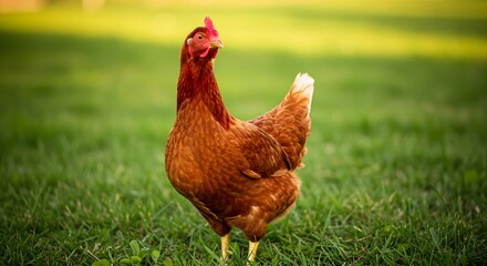 Rustic Rhode Island Red Hen in Lush Green Pasture