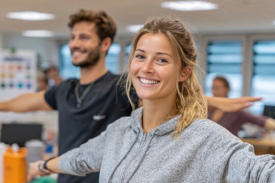 A group of young adults engaging in a wellness activity, stretching their arms, the atmosphere of a fitness class, with focus on a smiling blonde woman.