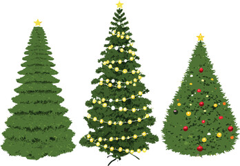 Three Christmas Trees with Decorations on a White Background Illustration