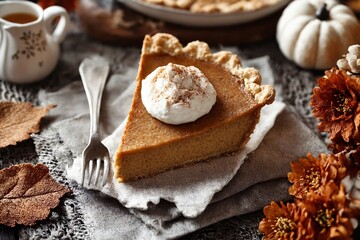 Fototapeta premium Pumpkin pie with whipped cream for Thanksgiving holiday celebration