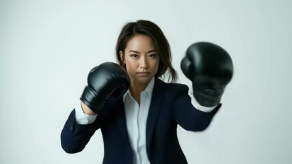 Determined businesswoman in boxing gloves ready to fight - Powered by Adobe