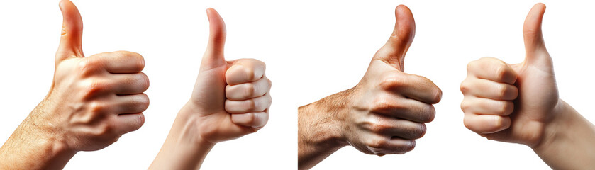 Collection of hands showing thumbs-up gestures, isolated on a transparent background