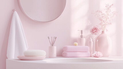 Cosmetic accessories on the bathroom shelf complement the soft light pink decor, including a mirror, towel, soap dispenser, and a set of elegant cosmetic bottles.

