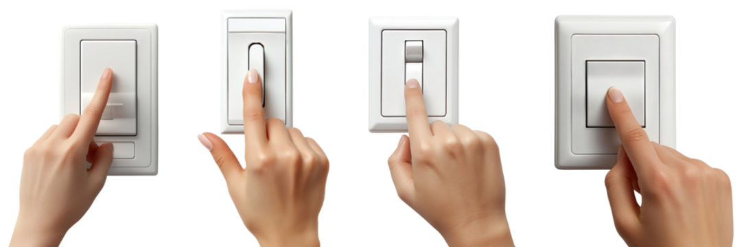 Collection of hands with fingers on light switches, isolated on a transparent background