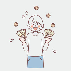 Woman showing dollar bills with happy face.Showing money in front vector design illustrations