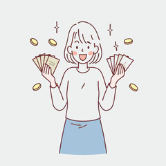 Woman showing dollar bills with happy face.Showing money in front vector design illustrations