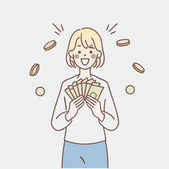 Woman showing dollar bills with happy face.Showing money in front vector design illustrations