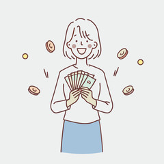 Woman showing dollar bills with happy face.Showing money in front vector design illustrations