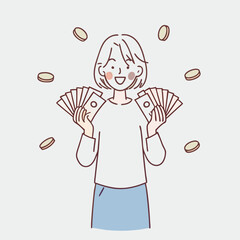 Woman showing dollar bills with happy face.Showing money in front vector design illustrations